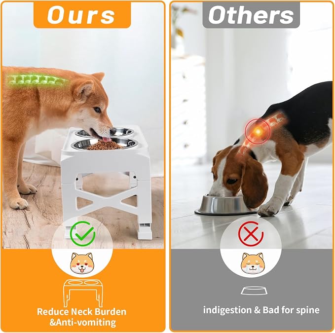 Elevated Dog Bowls with 2 Stainless Steel Food & Water Raised Bowls with No Spill Edge Non-Slip Stand Adjusts to 5 Heights(3.2", 8.77", 9.9",11.1", 12.3") for Small Medium Large Dog and Pet White - Image 3