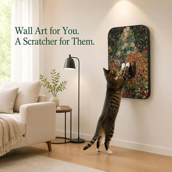 Cat Wall Scratcher, Art Cat Scratching Board for Indoor Cats | Wall Mounted Cat Scratch Pad, Water-Based Ink, Hook&Loop Strips, Floor or Wall Use, 16.7x11x1 Inch, Flower Garden - Image 7
