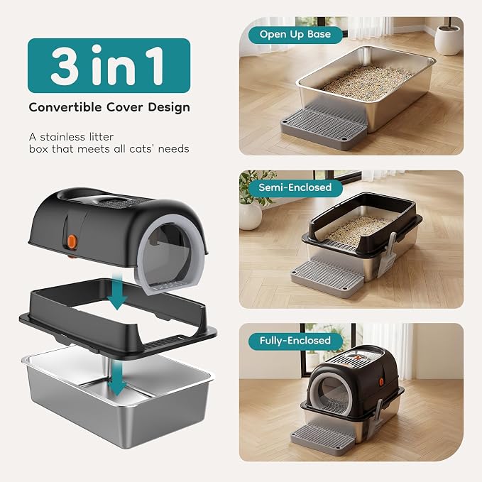 OLIXIS Stainless Steel Enclosed Litter Box with Lid, High Sided | Cat Litter Pan for Big Cats, Extra Large Cat Box with Scoop & Mat, Front & Top Entry, Easy Cleaning, Black - Image 4
