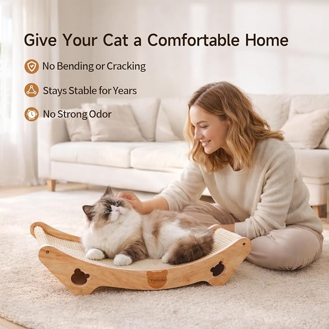 Upgraded Sisal Cat Scratcher Bed, Solid Oak Frame 1.3 cm Thick, 100% Sisal Pad, Curved Scratch Lounger, Stable Base Up to 36 lb, Sofa Protector, Odor-Free, 23.6" x 13.7" - Image 7