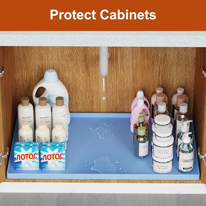 34" x 22" Extra Thick Silicone Mat Waterproof with Raised Edge, Blue | Under Sink Mat for Kitchen & Bathroom, Kitchen Cabinet Liner, Multi-Purpose for Storage & Protection - Image 5