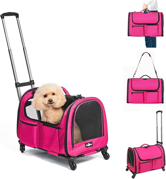 Large Pet Carrier with Wheels, Foldable Rolling Dog Carrier with Big Pocket, Cat Rolling Bag 21"x13"x13" for 2 Cats &Dogs, for Travel, Outdoor, Vet Visits, Camping, Indoor.Pink. (Not for Airline) by PAWBALLET