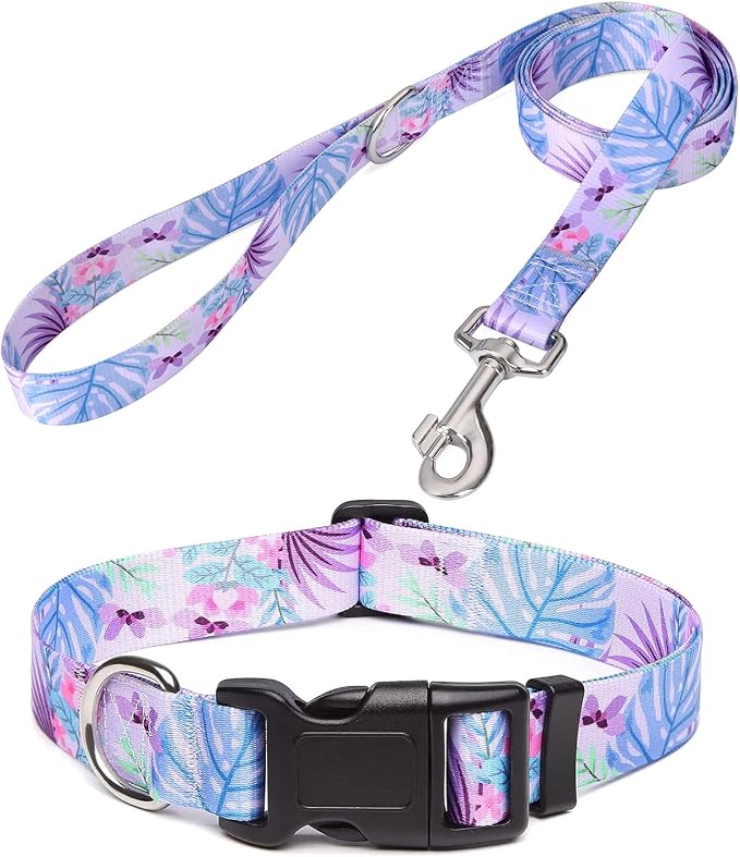 Mihqy Dog Collar and Leash Set, for Large Dogs, Purple Flower Set,L | with Floral Patterns, Adjustable for Small Medium Large Dogs, Comfortable for Walks and Outdoor Hikes by Mihqy