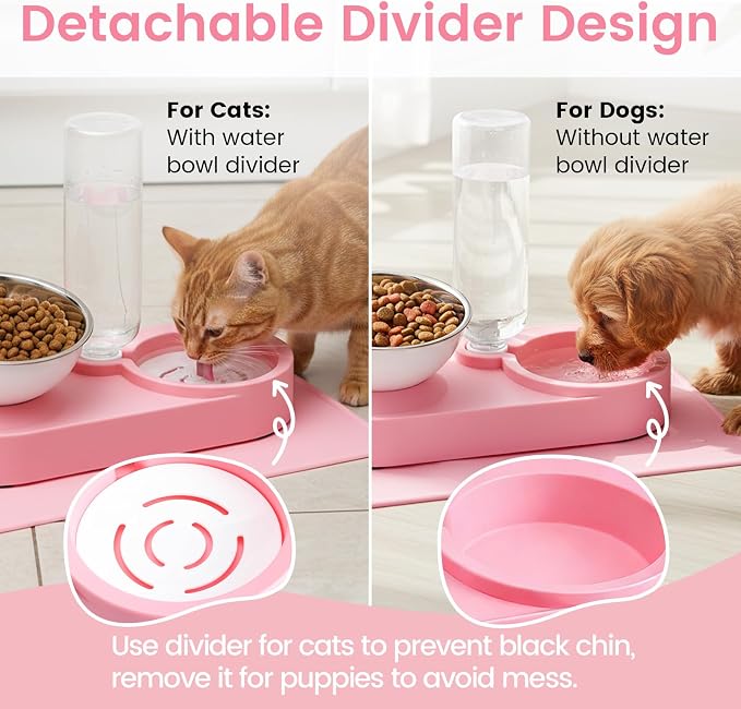 Double Elevated Dog Cat Food Water Bowls, Stainless Steel Cat Food Water Bowl with No-Spill Mat, Raised Tilted Dishes for Indoor Kitten, Puppies, Small or Medium Size Dogs Cats, Pink - Image 7