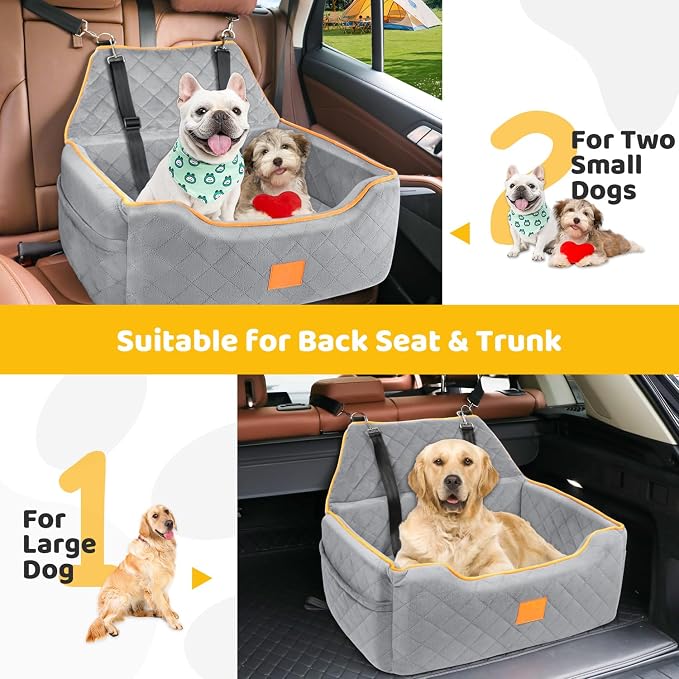 XIEEAOZEE Dog Car Seat for Large/Medium Dog, Booster Seat for Dogs Under 55Lbs or 2 Small Puppy, Detachable and Washable Travel Pet Bed with Thick Cushion and Storage Pockets (Gray) - Image 5