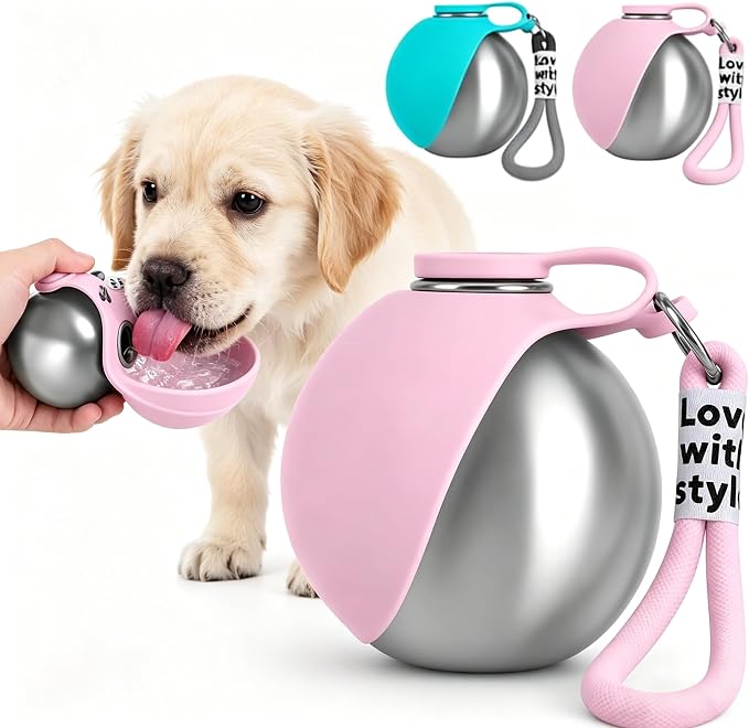 Dog Water Bottle Portable - 2 in 1 Stainless Steel Tumbler with Foldable Round Silicone Ball Bowl, 2-in-1 Leak-Proof Design for Dogs Pet Travel Walking Drinking（Pink） by Unknown