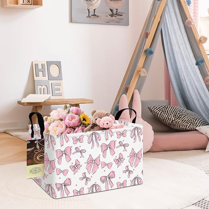 Rectangle Foldable Storage Basket Handles For Home, Pink Bow | Waterproof canvas material, reinforced handles, perfect for shelf use, organizes clothes, daily items and pet supplies - Image 7