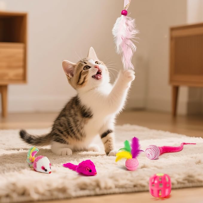 MALLMALL6 Cat Toy Set Interactive Cat Toys 27Pcs Pack Stuff Pink Feather Teaser Wand Springs Mice Sisal Fish Crinkle Balls Bell Balls, Puzzle Pack for Indoor Kitty Play Exercise - Image 3