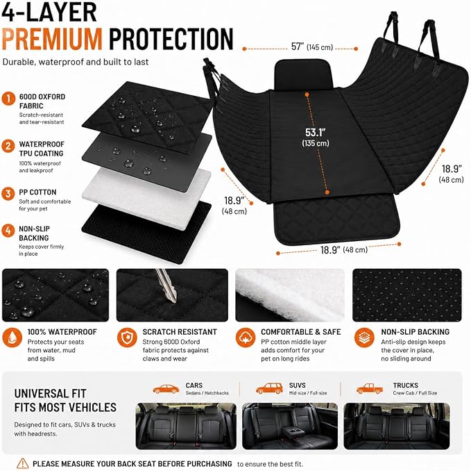 Back Seat Cover for Dogs, Dog Car Seat Cover, 100% Waterproof Dog Hammock with Side Flaps, Non-Slip Pet Seat Protector, Heavy Duty Oxford Fabric, Fits Cars, SUVs & Trucks - Image 4
