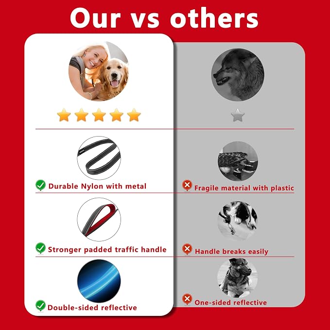 Dog Leash 6.5ft Long,Double Handle Dog Leash for Control Training | Heavy Duty Dog Leads with Traffic Padded Handles, Reflective Leashes for Small Medium Large Dogs(6.5ft, Black Red) - Image 6