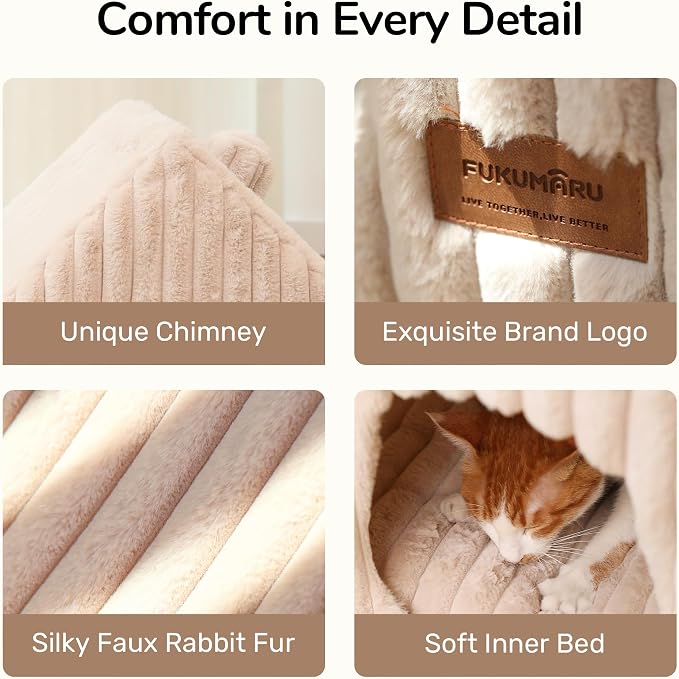 FUKUMARU Cat Bed Cave, Enclosed Washable Covered Dog Bed with Support Frame | Large Cat House for Indoor Cats, Cozy Cat Hideaway for Anxious Cats, Soft Plush Faux Fur Cat Tent Bed, Non-Slip Bottom - Image 7