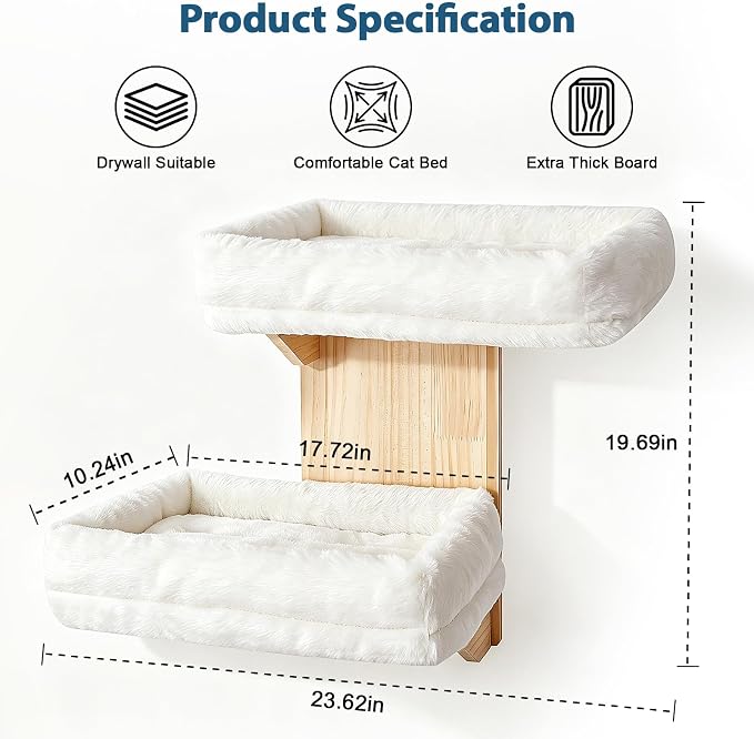 Cat Wall Shelves, 2 Platform Cats Walls Furniture, Tree Shape Kitten Floating Shelf with Soft Cushion Perch, Solid Pine Wood, Suitable for Climb, Play, Nap - Image 5