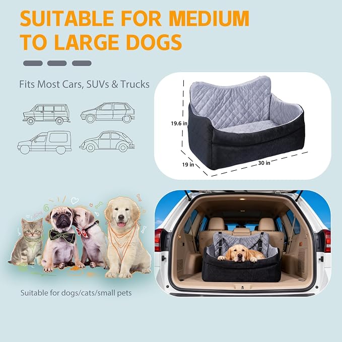Large Dog Car Seat Booster for Medium Dogs Up to 55 lbs, Washable Cover | Elevated Pet Car Seat with Safety Leash, Cozy Cushion, Removable Machine Washable Cover for SUVs and Road Trips - Image 2