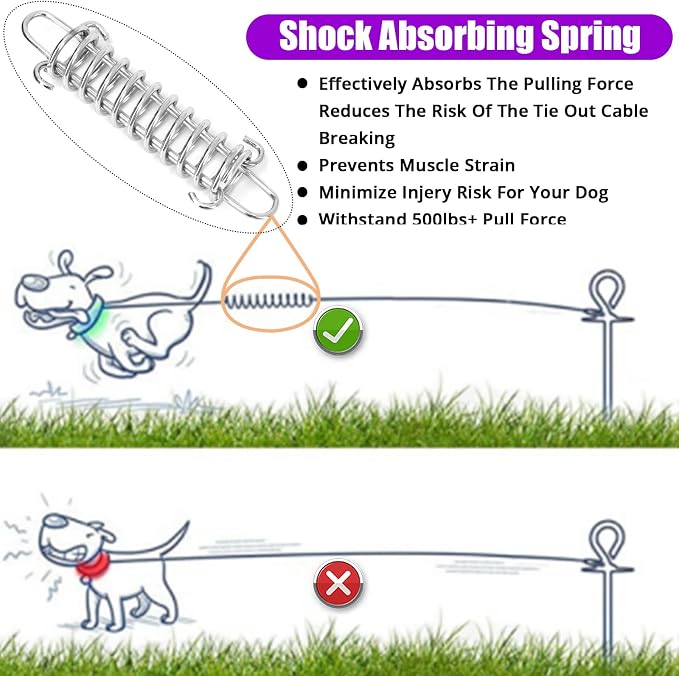 jenico Dog Tie Out Cable - 30 ft Heavy Duty Dog Lead for Yard | Outdoor Runner Cable with Swivel Hook and Shock Spring for Small Medium Large Dogs Up to 500 lbs Dog Tether for Yard Camping - Image 2