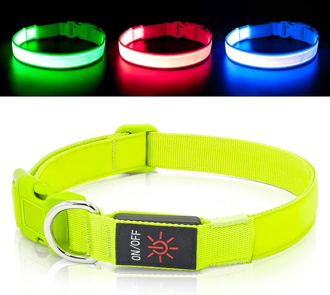 LED Dog Collar Light Up Dog Collars USB Rechargeable, Adjustable Size Heavy Duty TPU Nylon Webbing Glow Safety Basic Dog Collars for Large Medium Dogs (L, Neon Green) by Bpawser