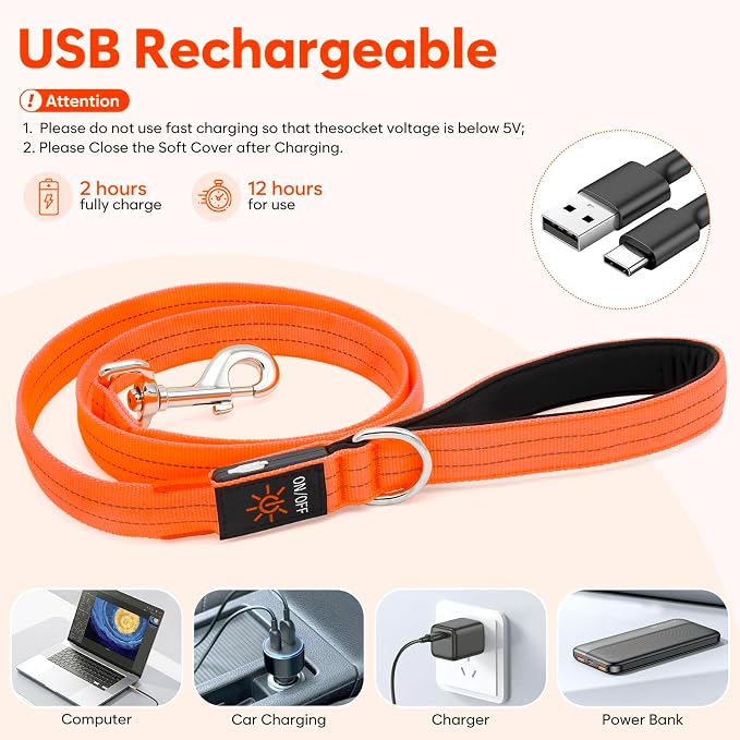 LED Dog Leash, 4 Ft Light Up Dog Leash USB Rechargeable Waterproof, Nylon Reflective Tether with Padded Handle, Safety Glow in The Dark Walking Lead for Large Medium Small Pets(Orange) - Image 3