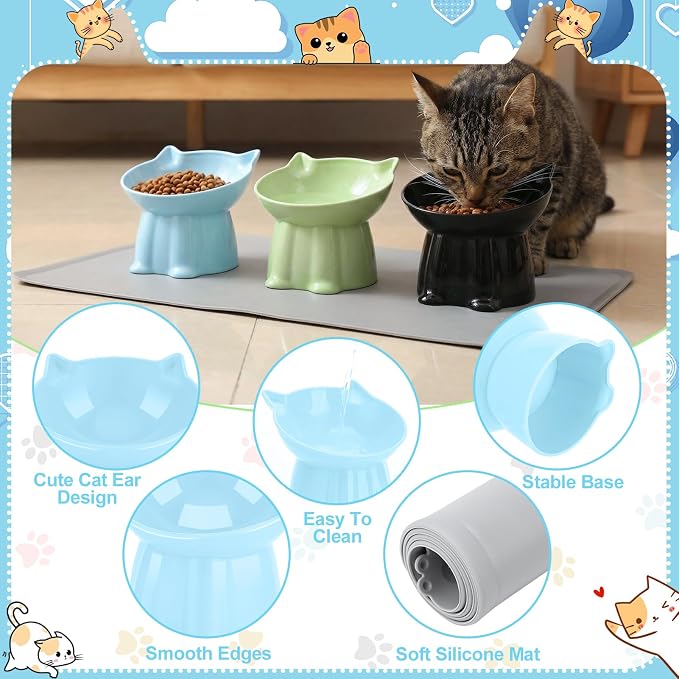 3 Pcs Elevated Cat Bowls 15°Raised Cat Food Bowl with Silicone Mat Green | Whisker Friendly Anti Vomiting Cats Dishes Pet Food and Water Bowls for Indoor Cats Kittens - Image 4