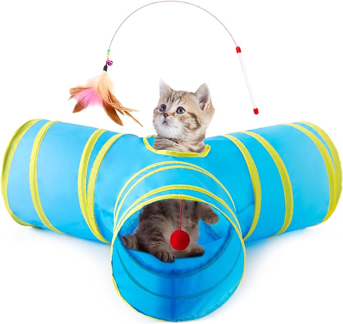 Tempcore Cat Tunnel for Indoor Cats, 3 Way Collapsible Pet Play Tunnel with Teaser Wand, Peek Holes & Hanging Ball, Interactive Tube for Kittens & Rabbits, Blue & Yellow by Tempcore