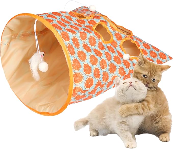 SYCOOVEN Cat Tunnel Bag for Indoor Cats, Pet Collapsible Tunnel Crinkle Sack Bag with 1 Little Mouse & Toy Ball, Crinkle Paper Interactive Cat Toys Hide and Seek(Orange Pattern) - Image 8