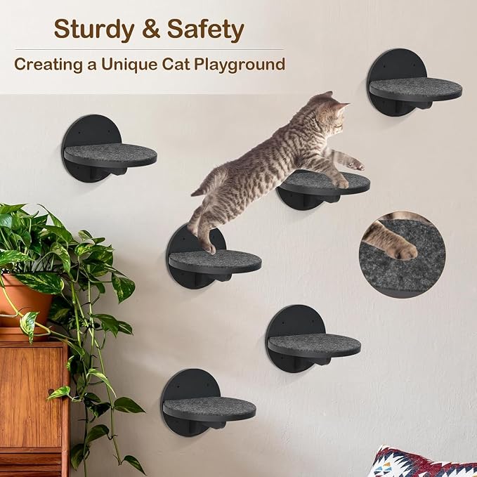Cat Wall Shelves Furniture Set of 6, Wooden Cat Steps for with Scratching Pad, Sturdy Floating Climber Ladder Stairs, Cats Climbing Wall Systems for Cats Sleep Climb Play - Image 8