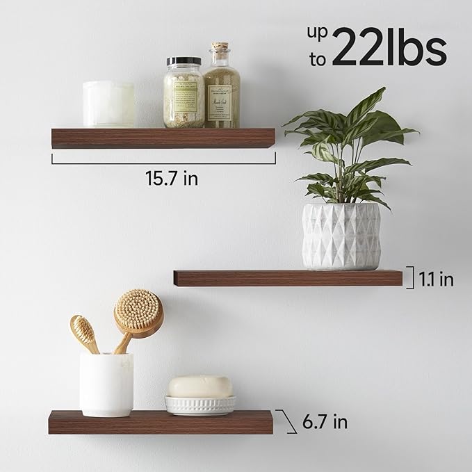 BAYKA Walnut-Like Floating Shelves 15.7in, 3 Pack, Wall Mounted Wall Decor | Easy Install, 22lbs Max Load, Hidden Bracket, Shelving for Bathroom Bedroom Kitchen Display Storage, Multi-Wall Compatible - Image 3