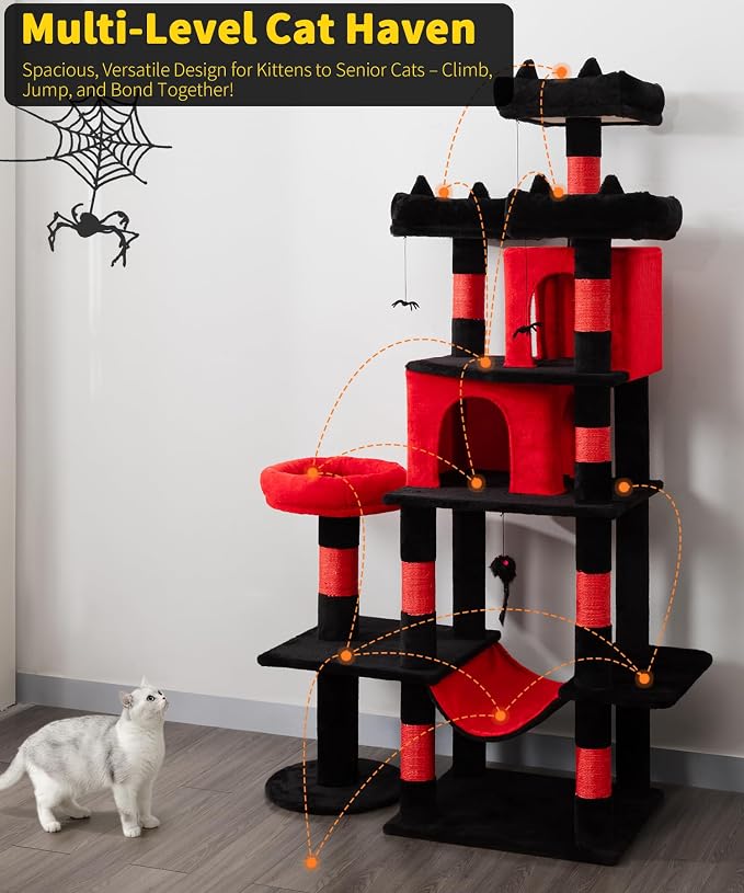 Gothic Cat Tree, 71 Inch Heavy Duty Cat Trees for Large Cats | Tall Cat Tree Tower with Extended Base, 2 Condos, 3 Perches, 9 Sisal Posts & Hammock for Indoor Adult Cats, Black Red - Image 6