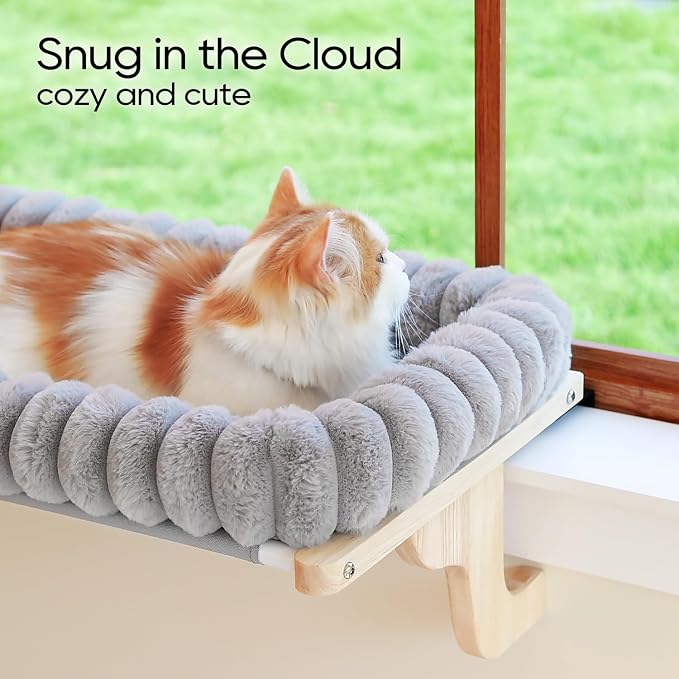 Zakkart SnugCloud Cat Window Perch with 4-Sided Bolster - Large Cat Hammock for Window Sill - Solid Hardwood & Metal Frame - Window Seat for Pets (Natural Color Wood w/Gray Bed, Large) - Image 2