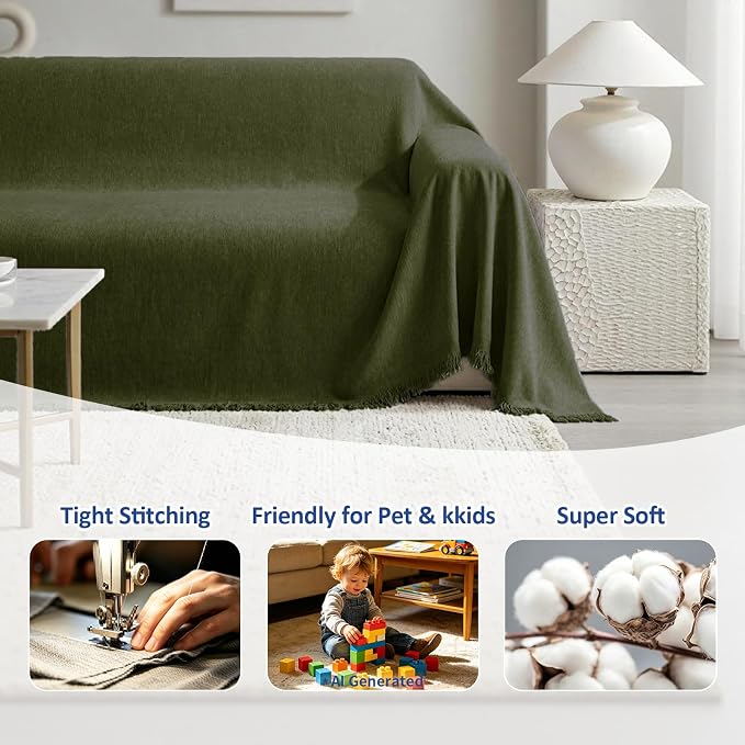 Chenille Couch Cover for Dogs Washable Boho Throw Blanket Washable | 71"×150",Grass Green, Soft Chenille, Tassel Design, Pet Friendly, Furniture Protector, for Couch, Sofa, Bed, Living Room - Image 6