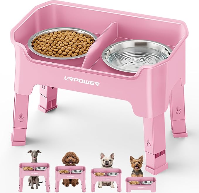 URPOWER Mess Proof Elevated Dog Bowls, Splash Guard Raised Bowl Stand | 4 Adjustable Heights, 2 Stainless Steel Bowls, Food & Water Separation, Non-Slip Base, Foldable Design for Small Dogs by URPOWER