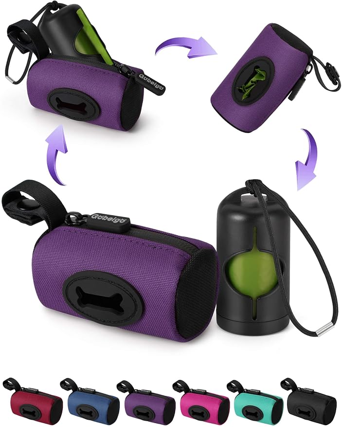 Gobeigo 2-in-1 Dog Poop Bag Holder【Easy Pull-Out Version】(Purple) | Hard Plastic Insert & Soft Fabric Bag Snap-On Strap Dispenser Fits Retractable and Standard Leashes with 1 Roll Bags by Gobeigo