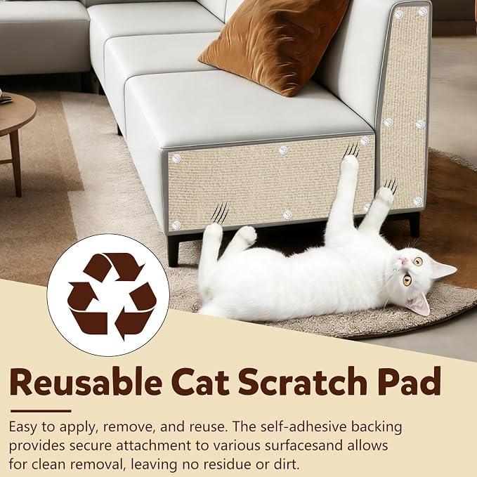 Cat Scratch Couch Furniture Protector,Trimmable Self-Adhesive Cats Claws Scratch Pads, Sisal DIY Climbing Couch Protector for Scratch Post Cat Tree Replacement Indoor(Khaki, 78.7"x15.8") - Image 5
