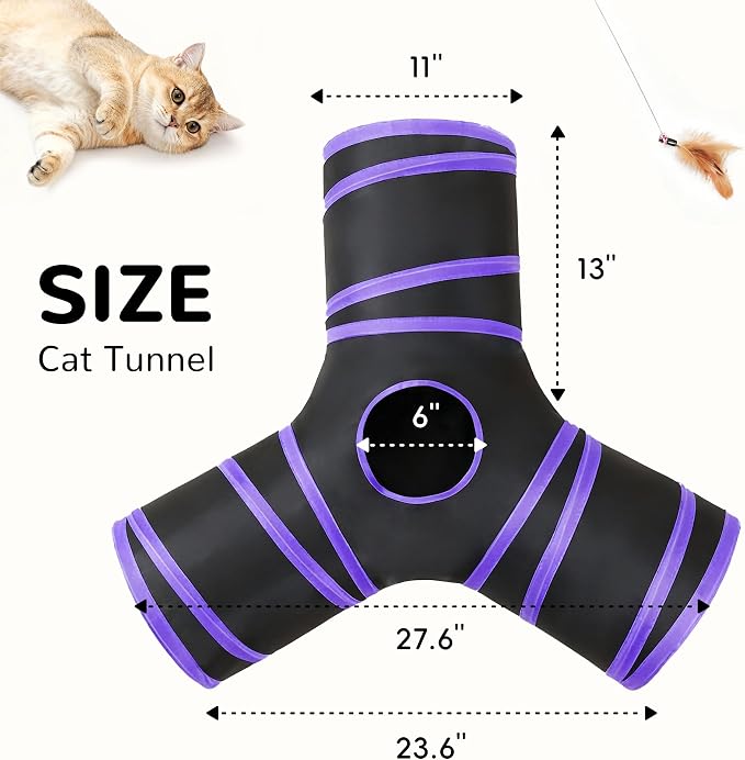 Tempcore Cat Tunnel for Indoor Cats, 3 Way Collapsible Pet Play Tunnel with Teaser Wand, Peek Holes & Hanging Ball, Interactive Tube for Kittens & Rabbits, Black & Purple - Image 2