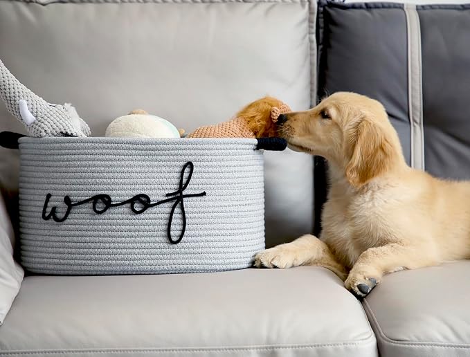 Woof Dog Basket - Cotton Rope Pet Storage Bin With Durable Handles, Large Toy Organizer for Puppies, Perfect for Chew Toys, Blankets and Leashes - Image 4