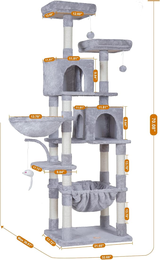 Heybly Cat Tree, 70 inches Tall Cat Tower for Indoor Large Cats HCT032W | Big Cat Condo with Toy , Cat House Furniture with Padded Plush Perch, Cozy Hammock and Sisal Scratching Posts, Light Gray - Image 5