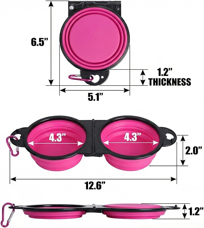 Double Collapsible Dog Bowls for Travel, Food and Water Set with Clip, Pink | 13.5 oz each, folds flat, carabiner clip, walking, hiking, camping, for small and medium pets - Image 3