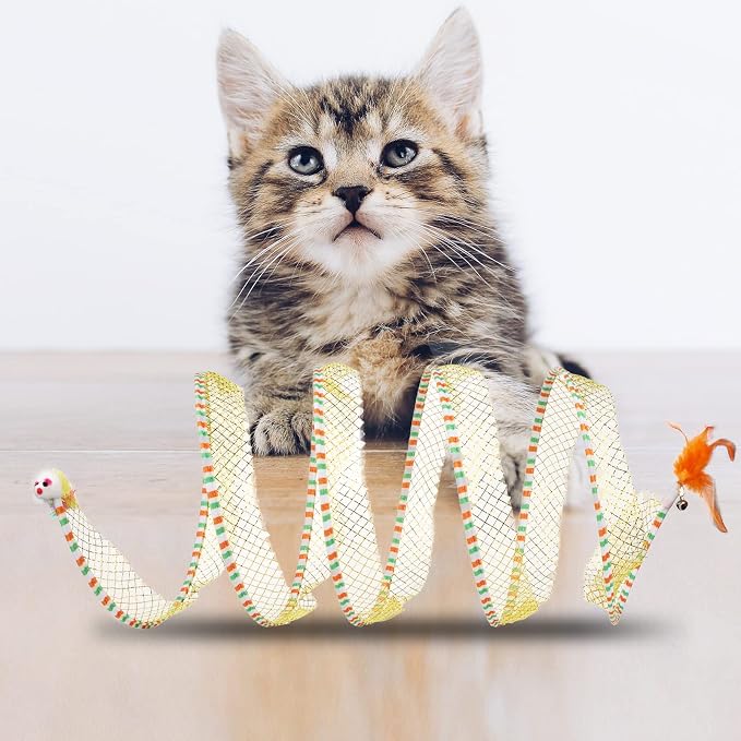 2pcs, Folded Cat Tunnel Spring, 10in Large Size Portable Cat Toy Spiral Tunnel, with Synthetic Feather and Toy Mouse Tunnel Spring Outdoor Puppy Kitten Generic (Striped Yellow, Purple) | with Synthetic Feather and Toy Mouse Tunnel Spring Outdoor Puppy ... - Image 4