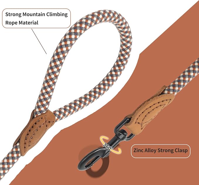 Mile High Life Dog Leash with Genuine Leather-Wrapped Ends, 4/5/6FT | Tangle-Free 360° Swivel Clasp Heavy Duty Rope Leash | Small Medium Large Dogs | Daily Walking (Brown, 48 Inch, 1/2") - Image 3