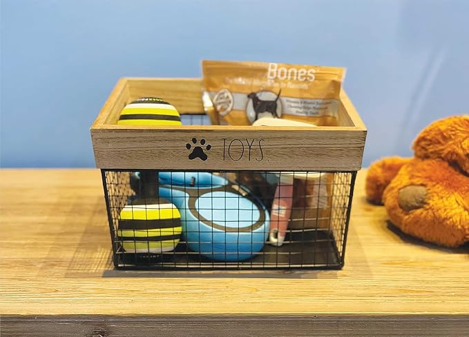Rae Dunn Pet Toy Basket - Metal and Wood Dog Storage Cat Bin Organizer for Puppy Leash, Blanket, Treats, Food, Accessories Container Baskets Dogs,9.75" x 8" 6" - Image 2