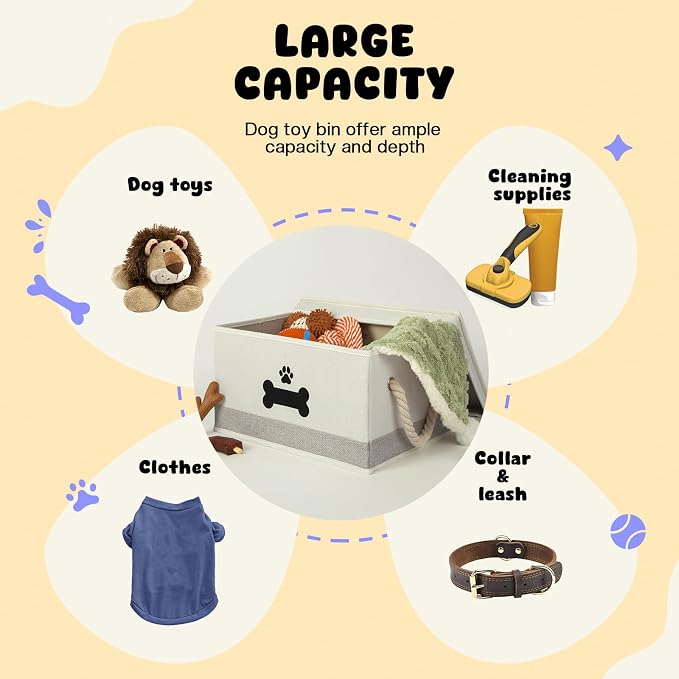 Dog Toy Basket with Lid, Dog Basket for Toys, Dogs Toy Box with Cotton Rope Handles, Collapsible Storage Bins for Pet Toys, Dogs Storage Organizer, Beige&Gray - Image 2