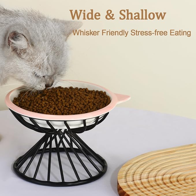 Elevated Cat Bowls,6.3" Wide Raised Ceramic Cat Food Bowl with Anti-Slip Metal Stand for Indoor Cats,Whisker Friendly,Protect Pet's Spine Pet Food Dishes for Flat Faced Cats and Kitten (Pink) - Image 3