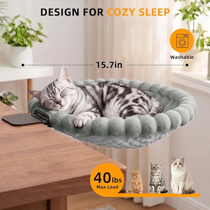 Cat Desk Bed - 2-in-1 Cat Hammock for Desk with Cooling Ice Silk & Premium Faux Rabbit Fur, 180° Foldable Space-Saving Cat Bed, Heavy Duty Anti-Tilting Clamp Holds Up to 40 lbs, Washable & Reversible - Image 2