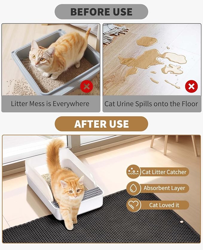 Fostanfly Cat Litter Mat, Machine Washable, Extra Large XL 45"x27", Black | Kitty Litter Trapping Mat, Urine & Waterproof, Double Layer Design, Honeycomb Scatter Control- Easy Clean for Floor - Image 7