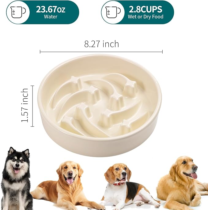 8.26 in Milk White Dog Bowl Slow Feeder Ceramic for Medium and Large Breed,Pet Feeding Dog Food Water Dish Heavy Weighted,Puppy Bowl for Fast Eaters,Puzzle Slow Eating Dish Modern Maze Meteor - Image 2