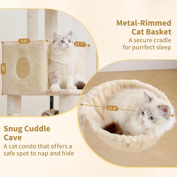Heybly Cat Tree, 45.3" Cat Tower for Indoor Cats with Large Perch HCT202SM | All-in-One Cat Furniture with Cozy Bed, Hidden Space Cat Condo, Comfy Hammock, Scratching Posts & 3 Pompoms, Beige - Image 5