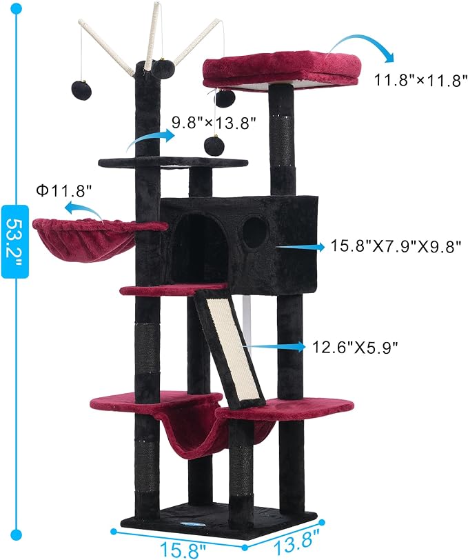 Hey-brother Cat Tree Tower with Padded Platform Bed, Hammock, MPJ019-SBR | 53 Inches Cat House with Large Cozy Condo, Toy Balls and Sisal Scratching Posts for Indoor Multi-Cats, Black and Red - Image 3
