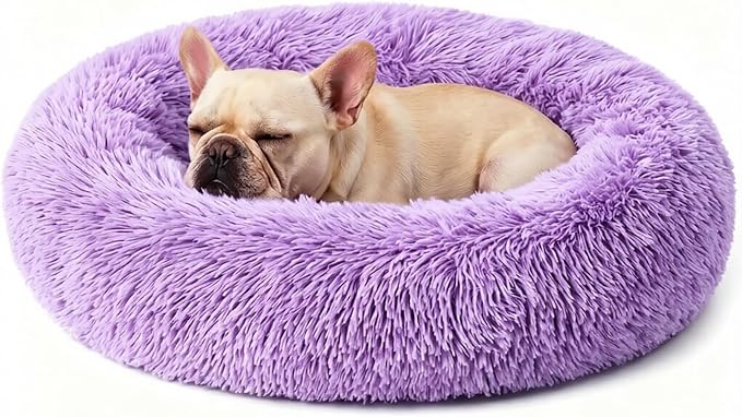 Calming Donut Dog Bed for Small Dogs, Anti-Anxiety Round Washable Plush Fluffy Faux Fur Large Cat Bed, 24 inches Fits up to 25 lbs Pets, Anti-Slip Waterproof Mute Base Purple by Homeuslynn