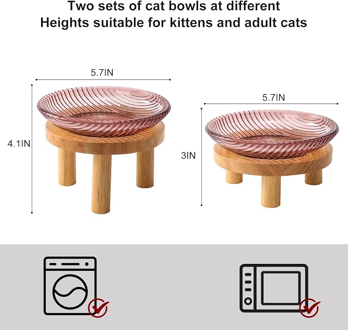 Cat Bowls Whisker Friendly with Wooden Stands. Raised Elevated Glass Whisker Fatigue Cat Bowl for Indoor Cats. 2PCS (Purple) - Image 2