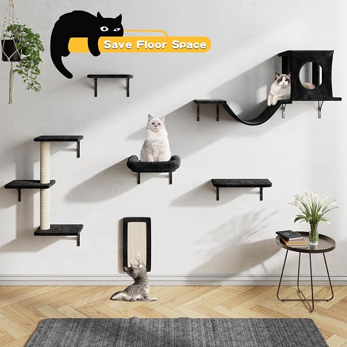 12-in-1 Cat Wall Shelves, Luxury Wall-Mounted Cat Climber Set | with Condos House, Scratching Post, Bridge Ladder, Indoor Space-Saving Furniture for Kittens, Black - Image 6