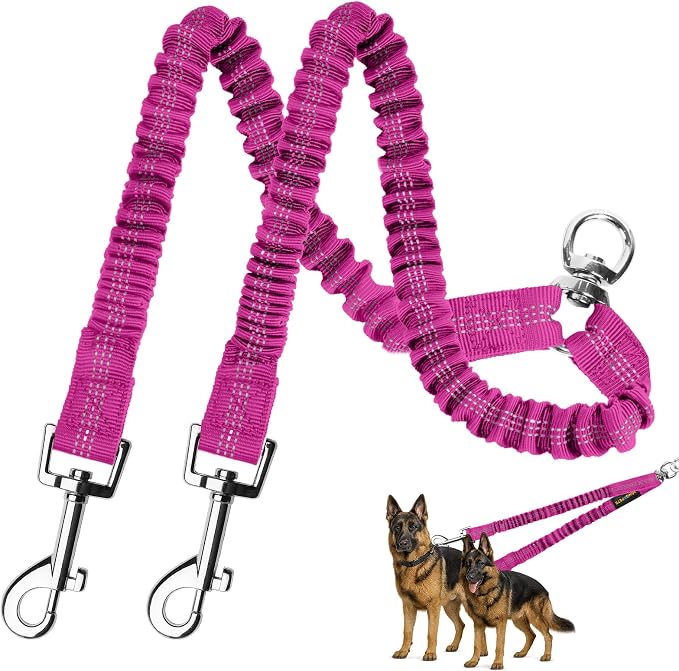 MingXpet 2 Dog Leash, Dog Leash for 2 Dogs, 360° Swivel No Tangle Double Walking Training Leashes for Large Dogs that Pull, Comfortable Shock Absorbing Reflective Bungee, Rose by MingXpets