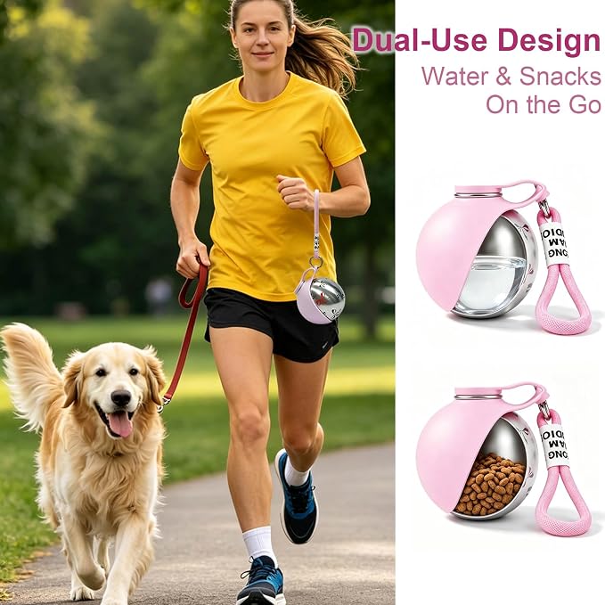 2 in 1 Portable Dog Water Bottle, 10 oz Leak-Proof Stainless Steel Bottle with Food-Grade Collapsible Silicone Bowl, Portable Hydration Gear for Walks, Hikes & Camping, Single Pink Printed Unit - Image 6